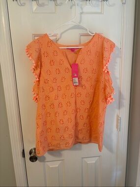 Lilly Pulitzer Coral Eyelet Pom-Pom Sleeve Astara Top